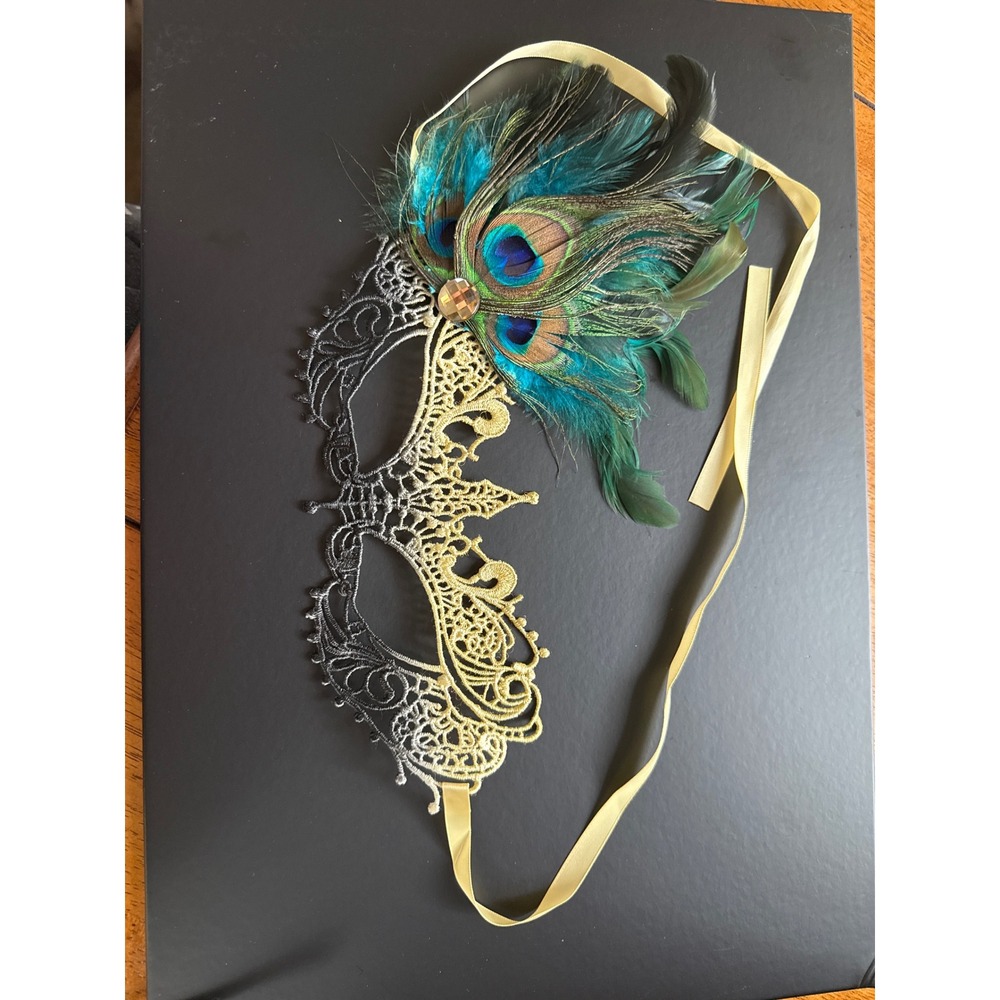 Venetian Lace Masquerade Mask Peacock Feathers Gold Black Ombre Costume